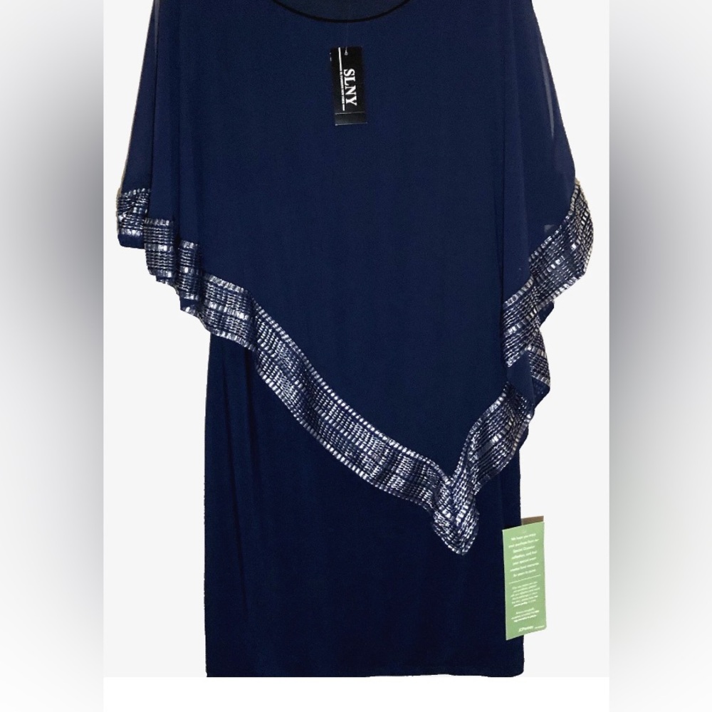 SLNY Dress Size 12 Navy Asymmetric Caplet Silver Trim Formal New with Tags